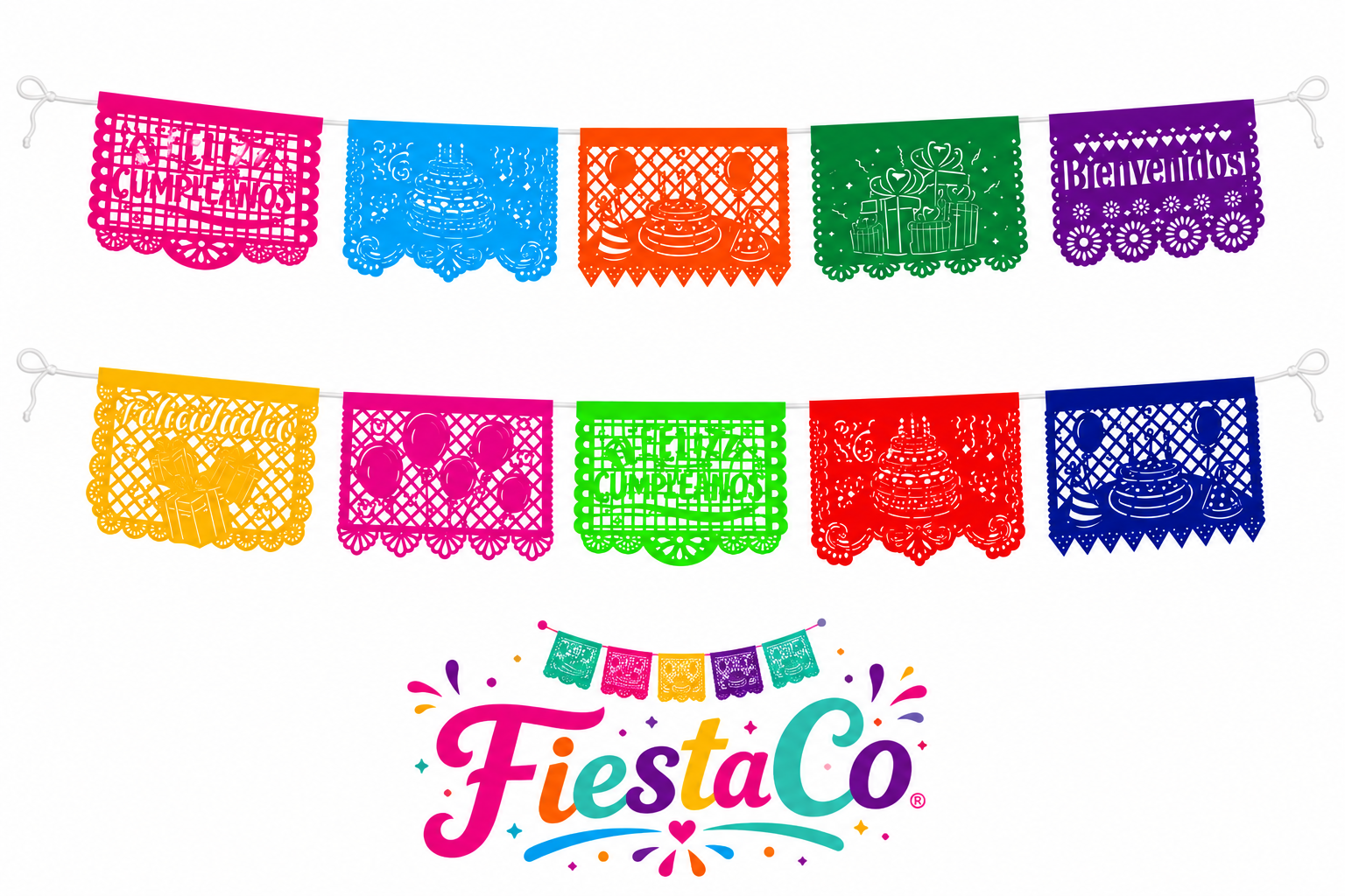 PAQ. 10 PZAS PAPEL PICADO EN TIRA 1/2 CUMPLEAÑOS MULTICOLOR