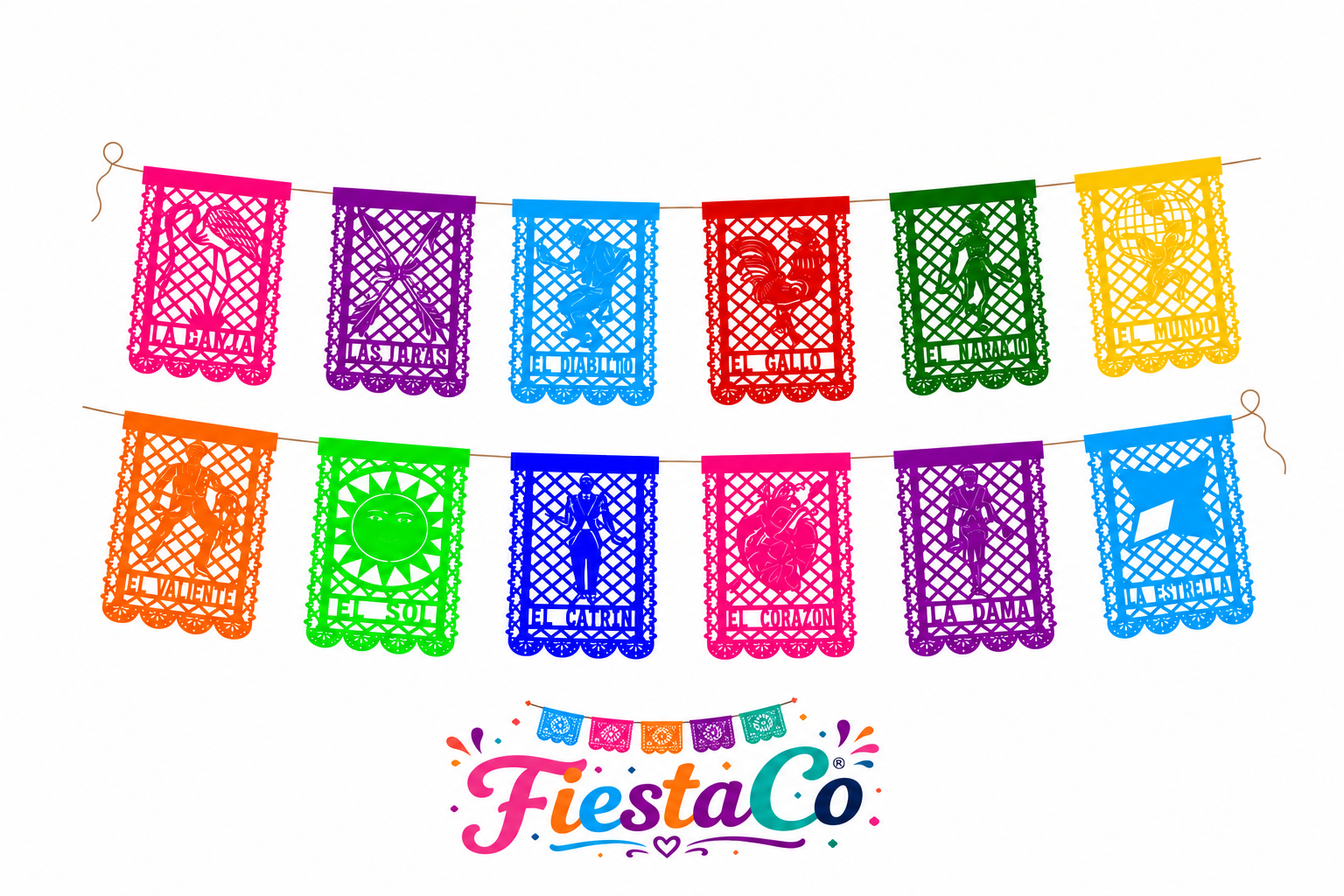 PAQ. 10 PZAS PAPEL PICADO EN TIRA 1/2 LOTERÍA MULTICOLOR